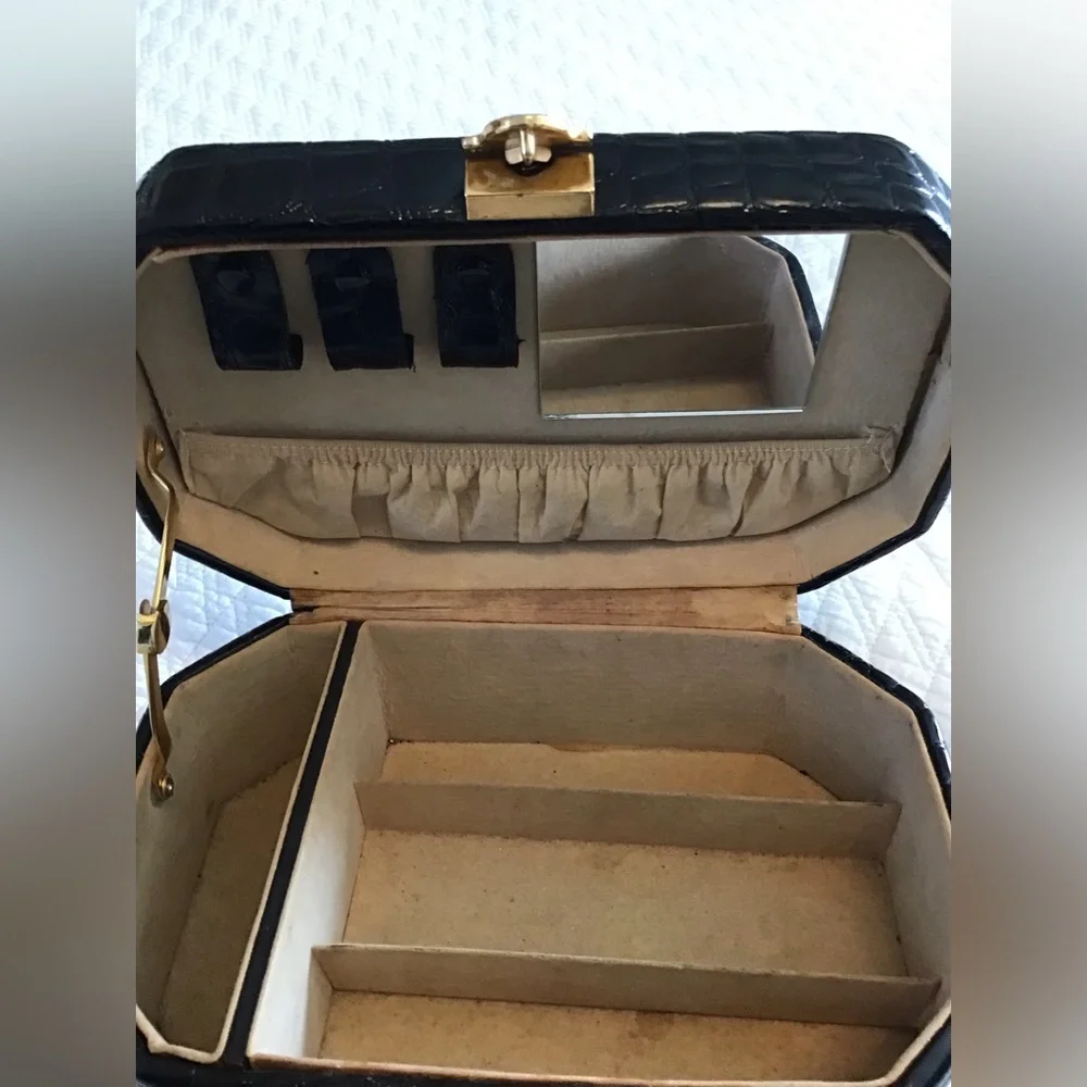 Vintage Croc Embossed JEWELRY BOX Travel Case Black Patent